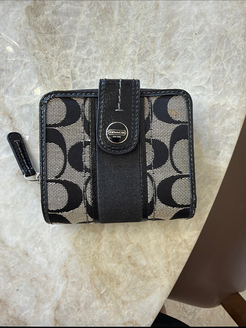 Coach Black and Cream Signature Compact Wallet